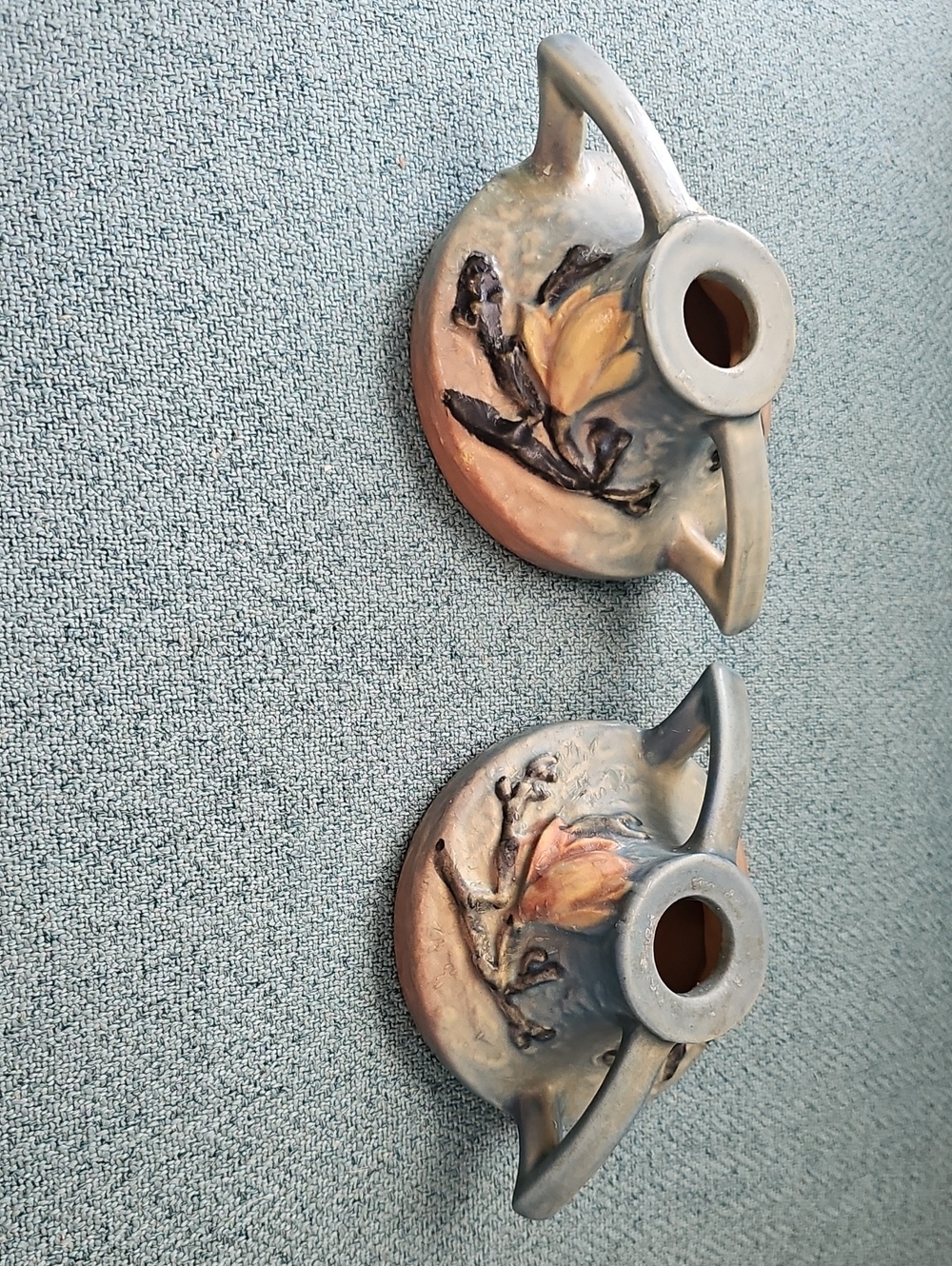 Vintage Roseville Hand-Painted Ceramic Floral Candle Holder in Blue and Peach
